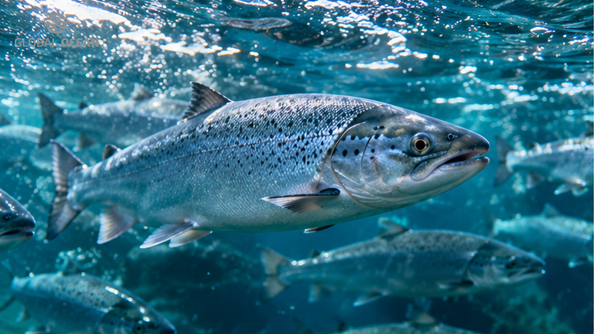 Global Ocean cover showing healthy salmon swimming beneath sunlit water