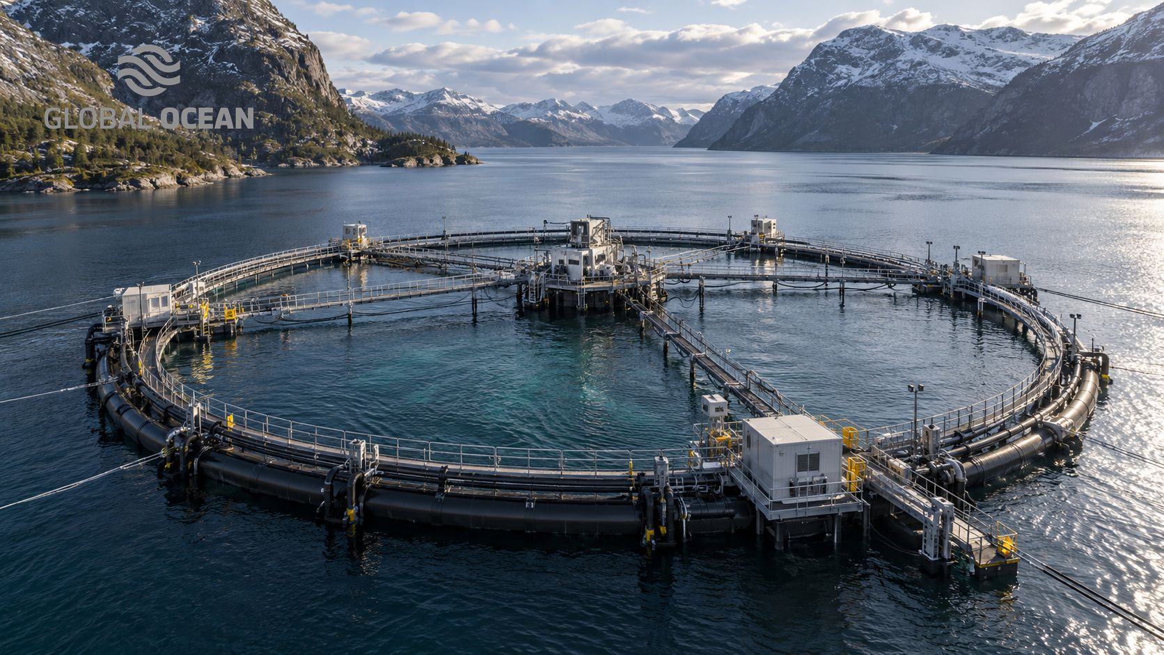 Global Ocean cover showing circular floating aquaculture infrastructure in a mountain fjord
