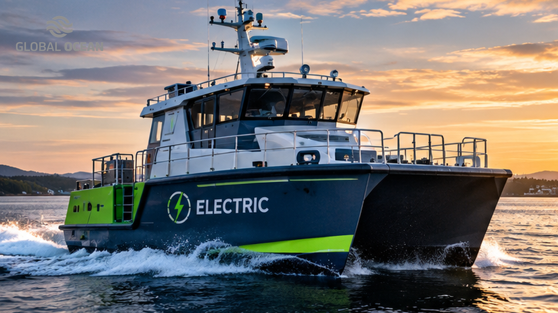 Global Ocean cover showing an electric workboat underway in a harbour at sunset