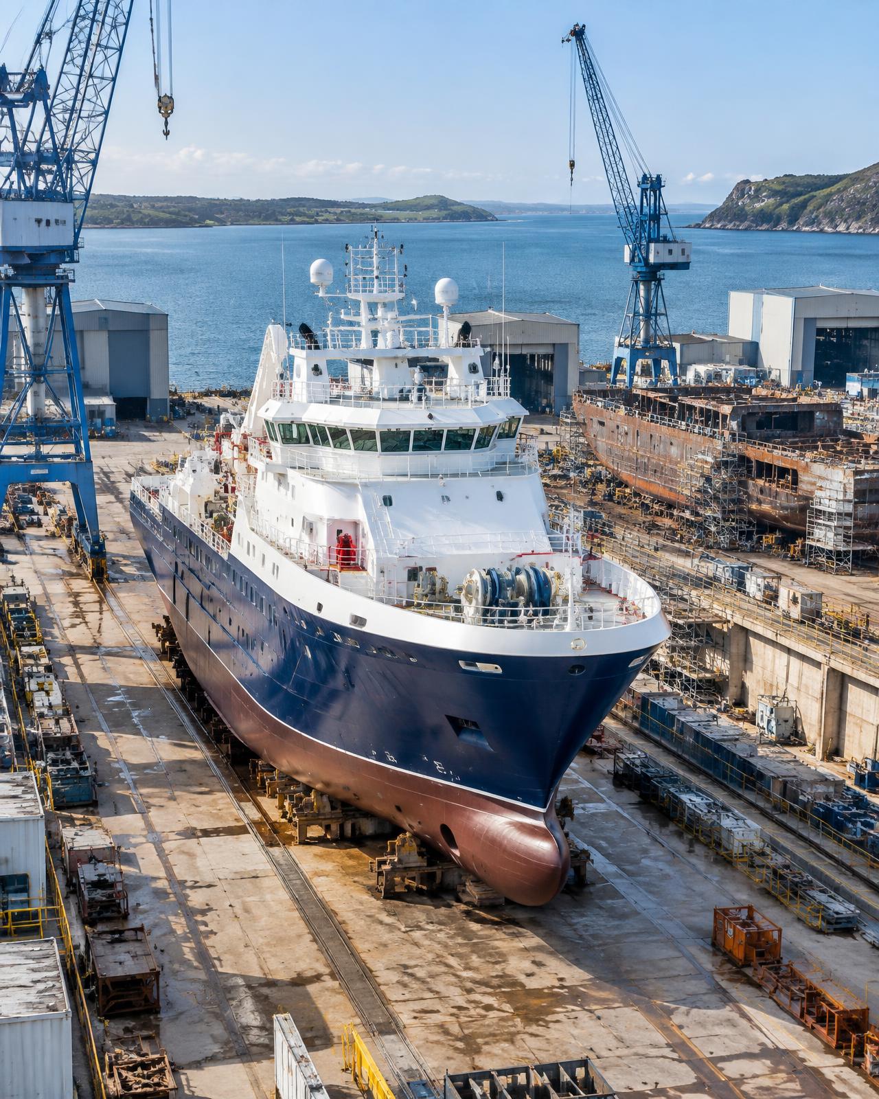 Illustrative coastal shipyard with an offshore vessel in dry dock, cranes and a hull under construction